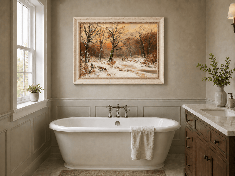 Framed hand-painted snowy woodland path oil painting beneath bare trees at sunset displayed above a freestanding bathtub.