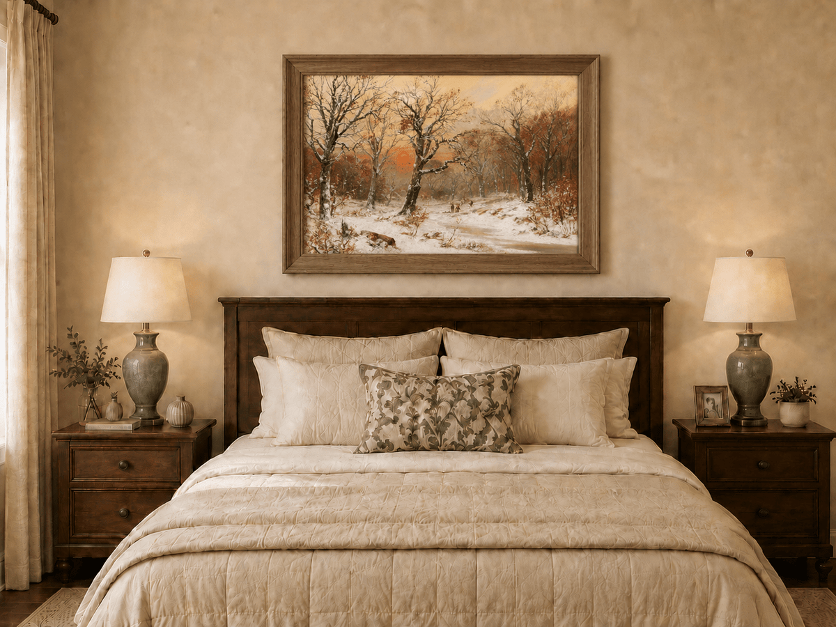 Framed hand-painted snowy woodland path oil painting beneath bare trees at sunset displayed above a wooden bed in a neutral bedroom.