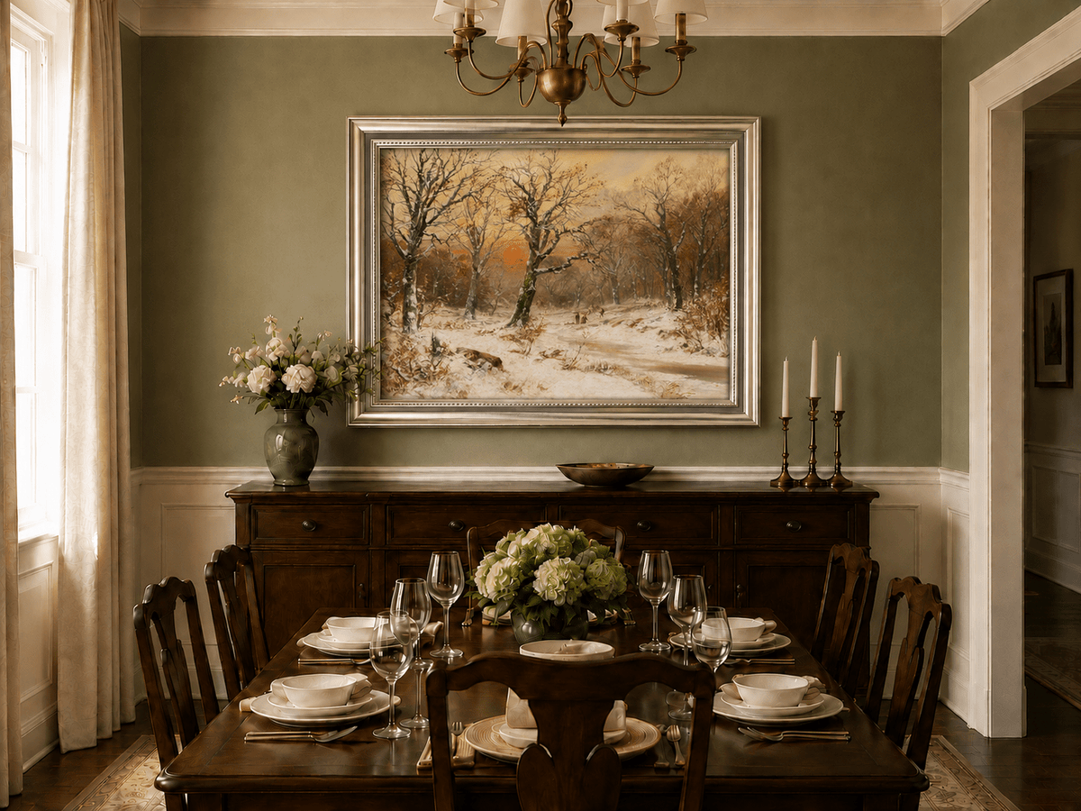 Framed hand-painted snowy woodland path oil painting beneath bare trees at sunset displayed above a formal dining table.