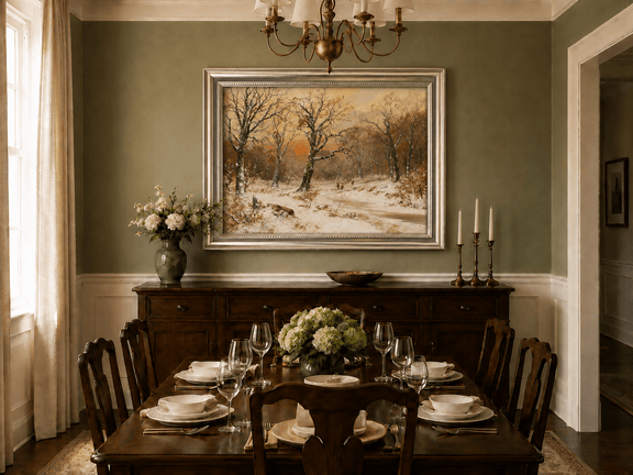Framed hand-painted snowy woodland path oil painting beneath bare trees at sunset displayed above a formal dining table.