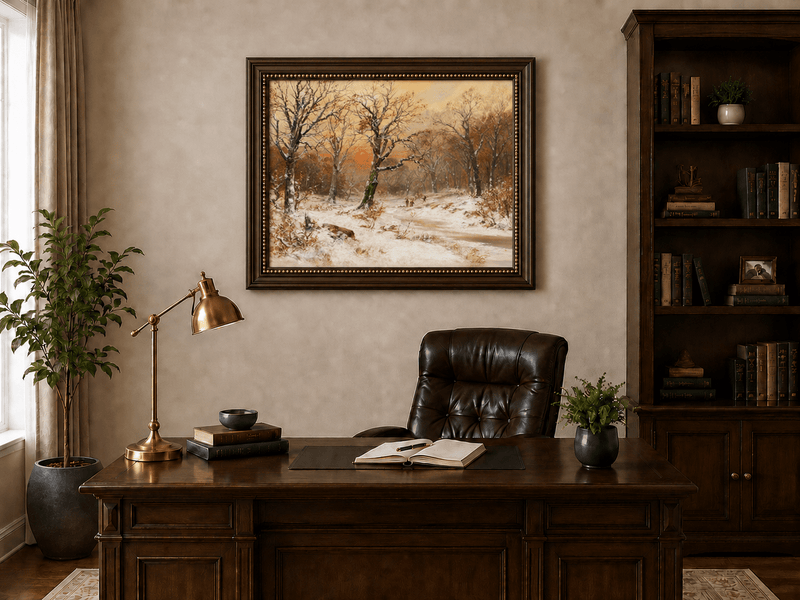 Framed hand-painted snowy woodland path oil painting beneath bare trees at sunset displayed above a traditional home office desk.