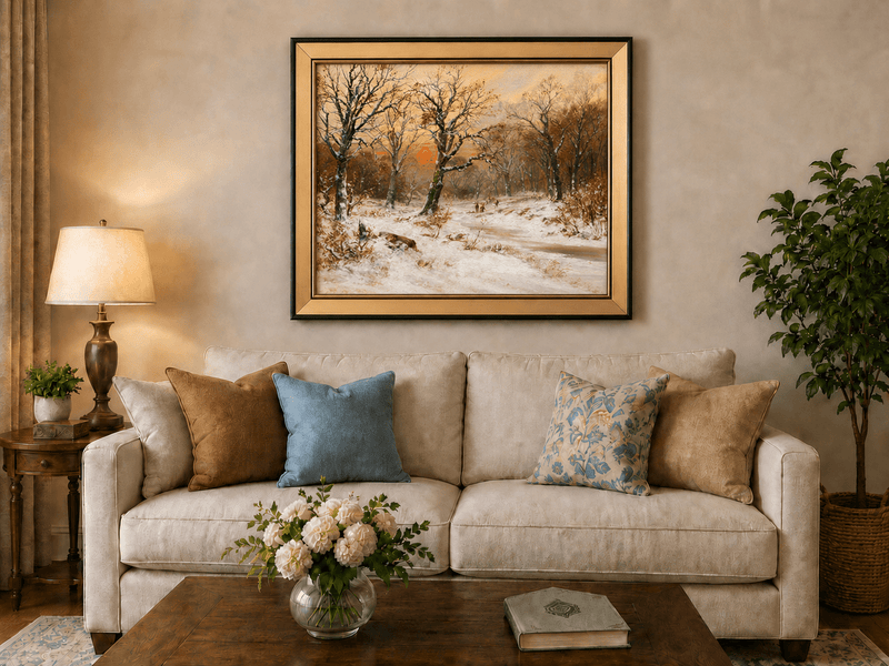 Framed hand-painted snowy woodland path oil painting beneath bare trees at sunset displayed above a neutral living room sofa.