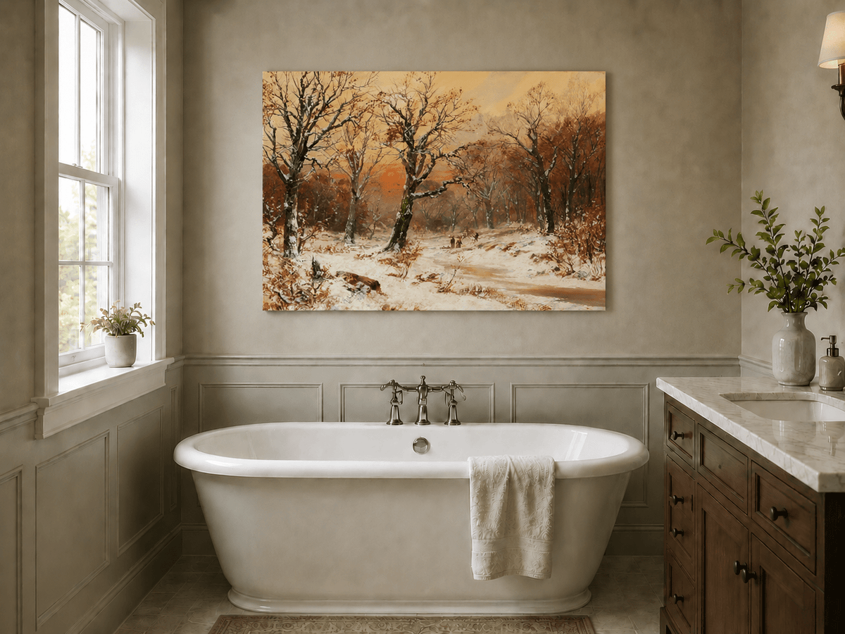 Unframed hand-painted snowy woodland path oil painting beneath bare trees at sunset displayed above a freestanding bathtub.