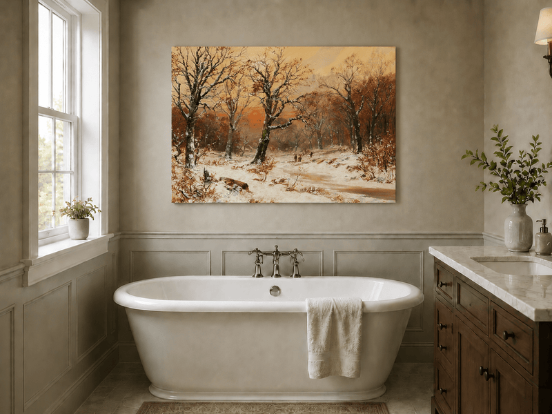 Unframed hand-painted snowy woodland path oil painting beneath bare trees at sunset displayed above a freestanding bathtub.