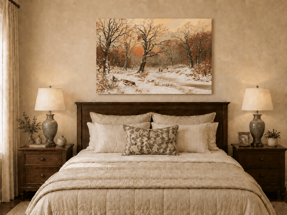 Unframed hand-painted snowy woodland path oil painting beneath bare trees at sunset displayed above a wooden bed in a neutral bedroom.