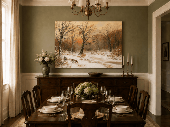 Unframed hand-painted snowy woodland path oil painting beneath bare trees at sunset displayed above a formal dining table.
