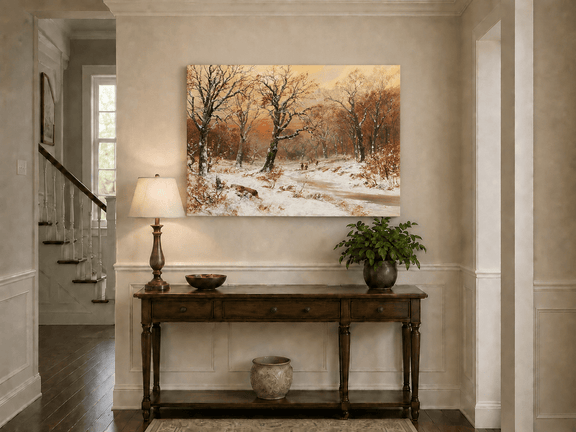 Unframed hand-painted snowy woodland path oil painting beneath bare trees at sunset displayed above an entryway console table.