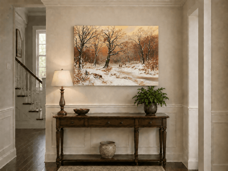 Unframed hand-painted snowy woodland path oil painting beneath bare trees at sunset displayed above an entryway console table.