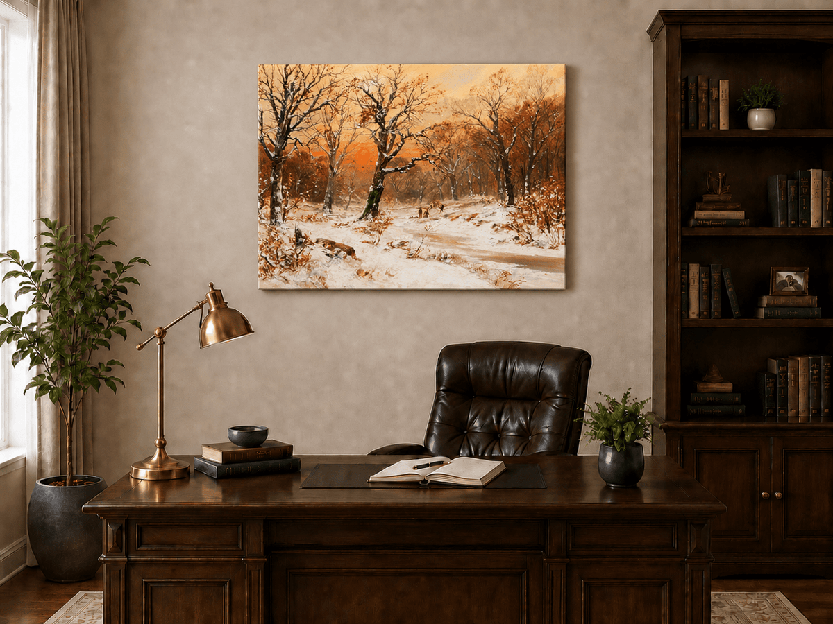 Unframed hand-painted snowy woodland path oil painting beneath bare trees at sunset displayed above a traditional home office desk.