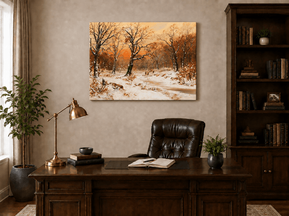 Unframed hand-painted snowy woodland path oil painting beneath bare trees at sunset displayed above a traditional home office desk.