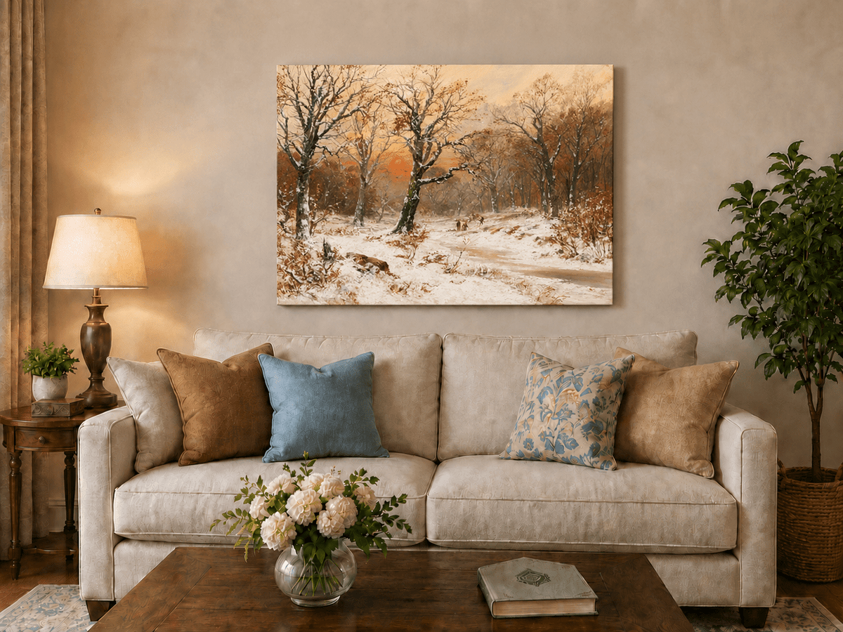 Unframed hand-painted snowy woodland path oil painting beneath bare trees at sunset displayed above a neutral living room sofa.