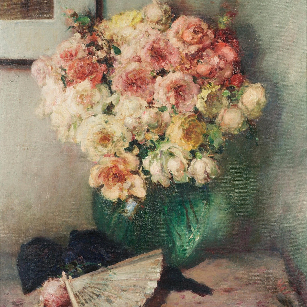 Soft Pink Rose Bouquet in Green Vase – Floral Oil Painting - Oil Painting Haven