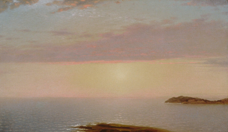 Soft Pink Sunset Over Quiet Sea and Island - Landscape Oil Painting - Oil Painting Haven