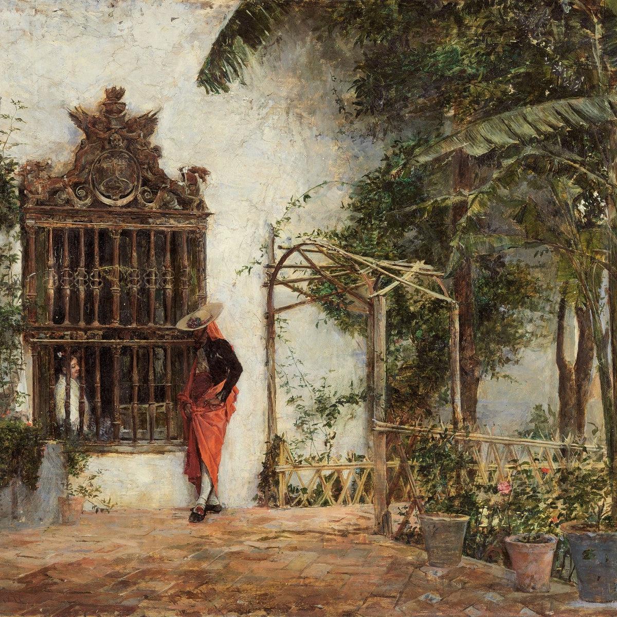 Hand-painted spanish courtyard with window grille scene landscape oil painting on canvas