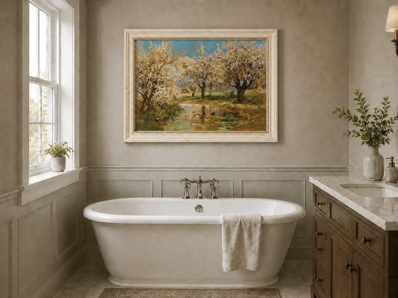 Framed hand-painted spring orchard oil painting with blossoming trees around a quiet pond displayed above a freestanding bathtub.