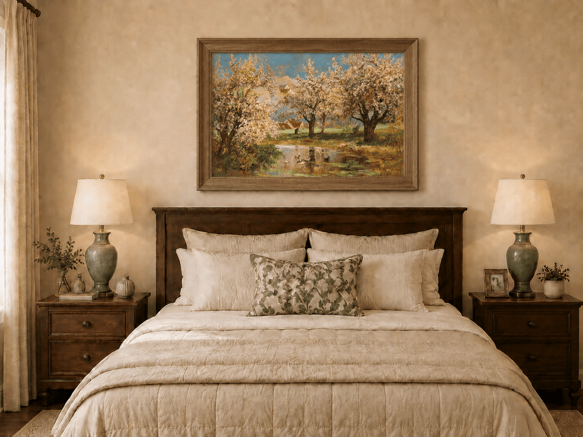 Framed hand-painted spring orchard oil painting with blossoming trees around a quiet pond displayed above a wooden bed in a neutral bedroom.