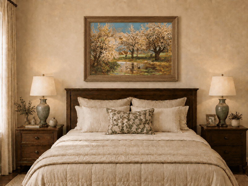 Framed hand-painted spring orchard oil painting with blossoming trees around a quiet pond displayed above a wooden bed in a neutral bedroom.
