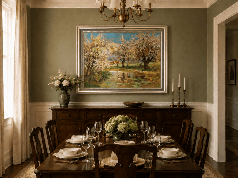 Framed hand-painted spring orchard oil painting with blossoming trees around a quiet pond displayed above a formal dining table.