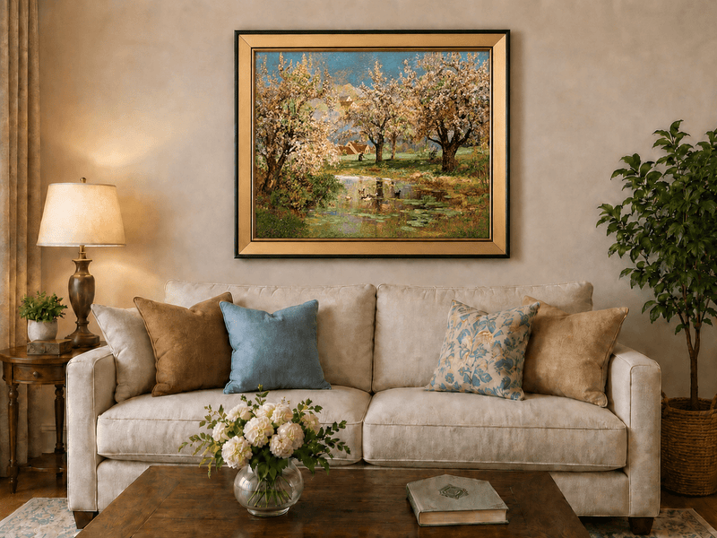 Framed hand-painted spring orchard oil painting with blossoming trees around a quiet pond displayed above a neutral living room sofa.