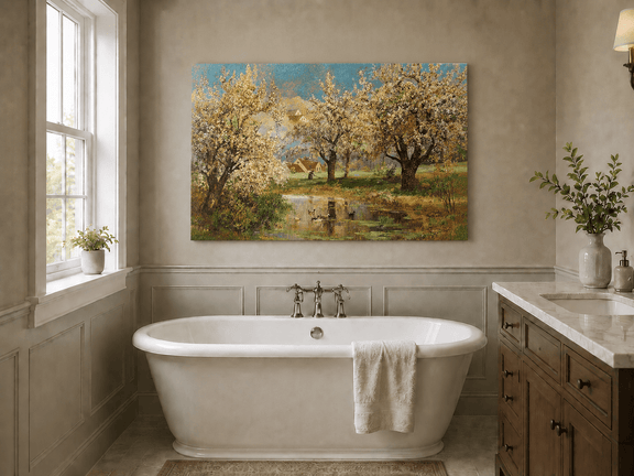 Unframed hand-painted spring orchard oil painting with blossoming trees around a quiet pond displayed above a freestanding bathtub.