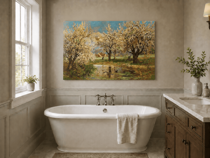 Unframed hand-painted spring orchard oil painting with blossoming trees around a quiet pond displayed above a freestanding bathtub.
