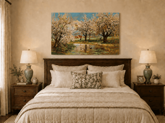 Unframed hand-painted spring orchard oil painting with blossoming trees around a quiet pond displayed above a wooden bed in a neutral bedroom.