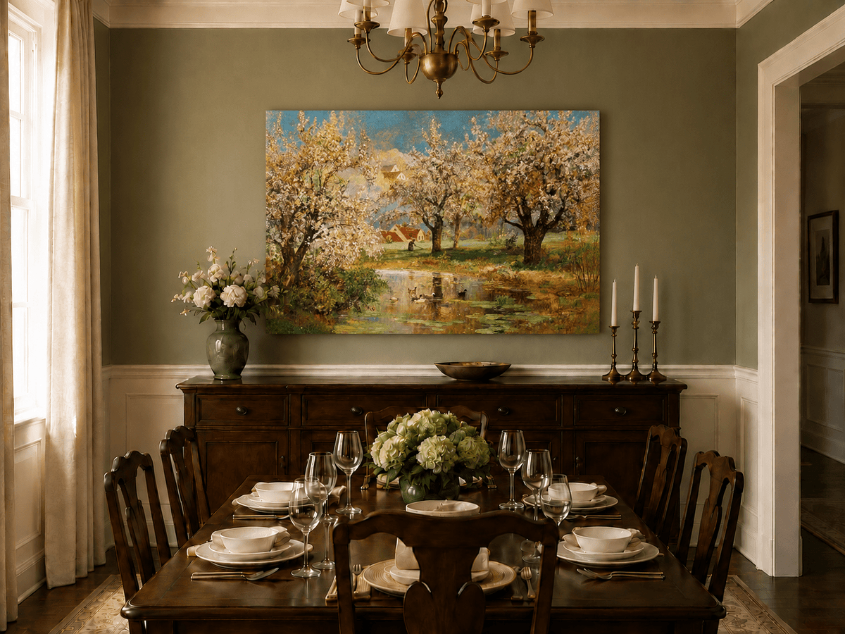 Unframed hand-painted spring orchard oil painting with blossoming trees around a quiet pond displayed above a formal dining table.