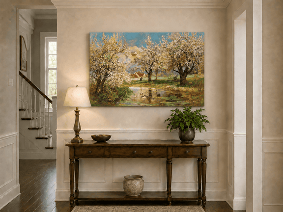 Unframed hand-painted spring orchard oil painting with blossoming trees around a quiet pond displayed above an entryway console table.