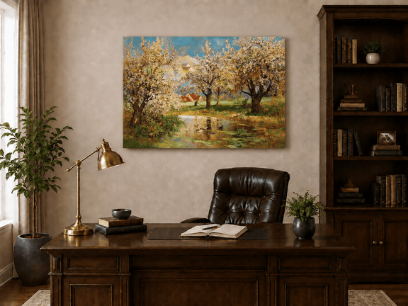 Unframed hand-painted spring orchard oil painting with blossoming trees around a quiet pond displayed above a traditional home office desk.