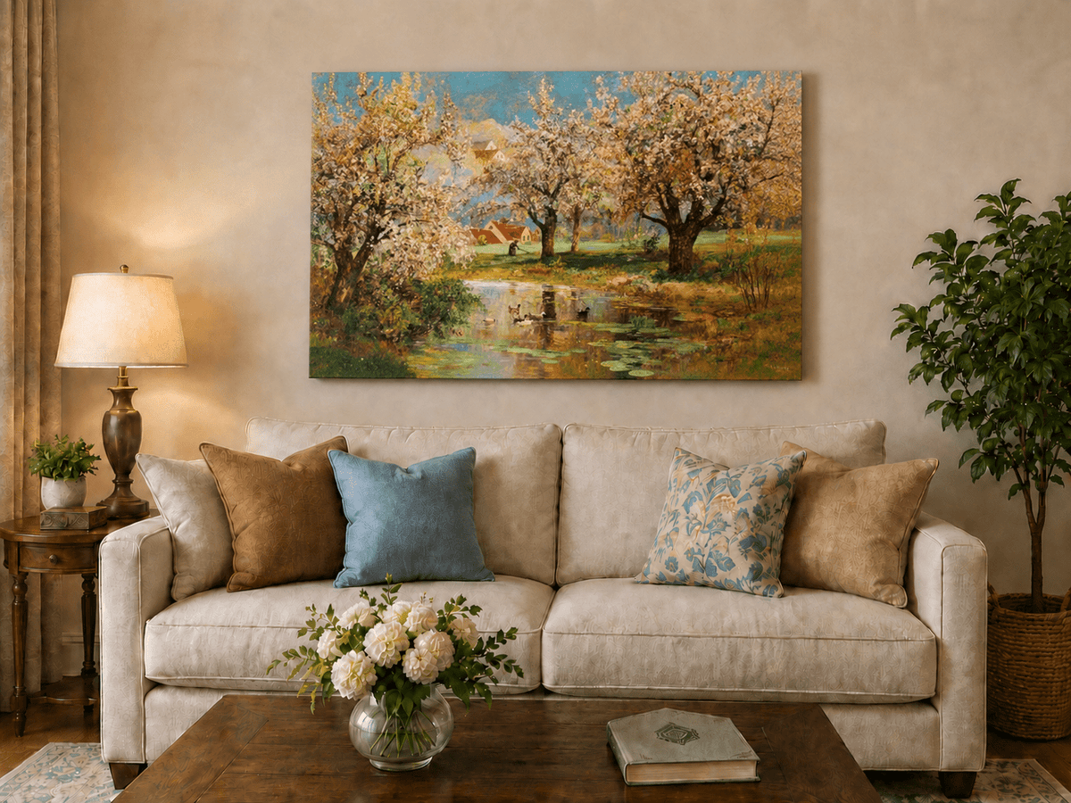 Unframed hand-painted spring orchard oil painting with blossoming trees around a quiet pond displayed above a neutral living room sofa.