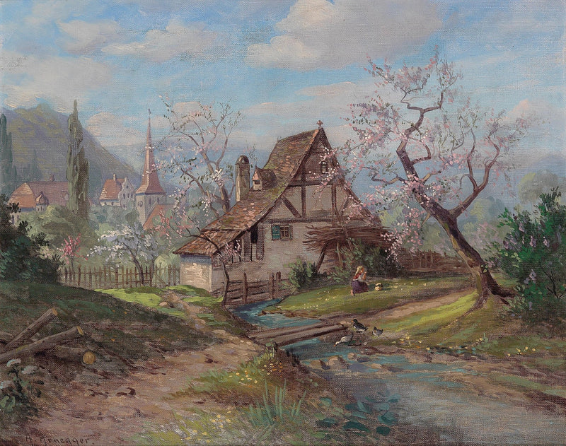Spring Cottage by a Stream, Blossoming Trees – Landscape Oil Painting - Oil Painting Haven