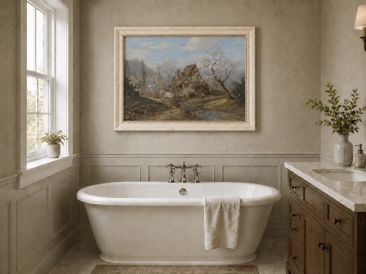 Framed hand-painted spring cottage oil painting beside a stream and blossoming trees displayed above a freestanding bathtub.