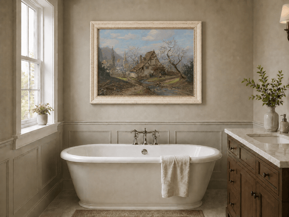 Framed hand-painted spring cottage oil painting beside a stream and blossoming trees displayed above a freestanding bathtub.