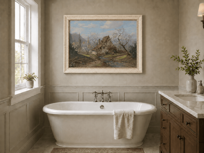 Framed hand-painted spring cottage oil painting beside a stream and blossoming trees displayed above a freestanding bathtub.