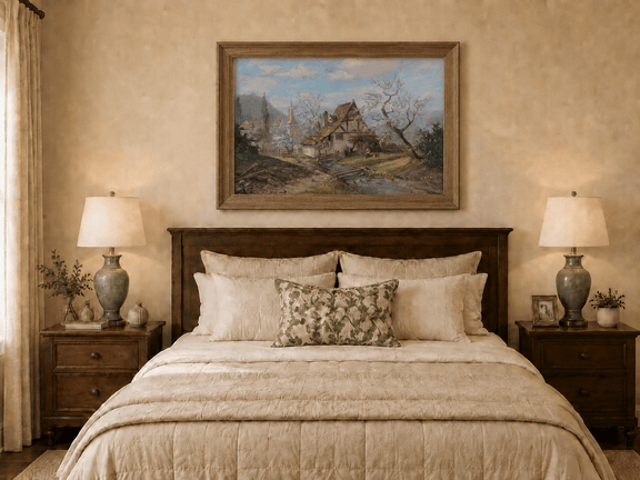 Framed hand-painted spring cottage oil painting beside a stream and blossoming trees displayed above a wooden bed in a neutral bedroom.