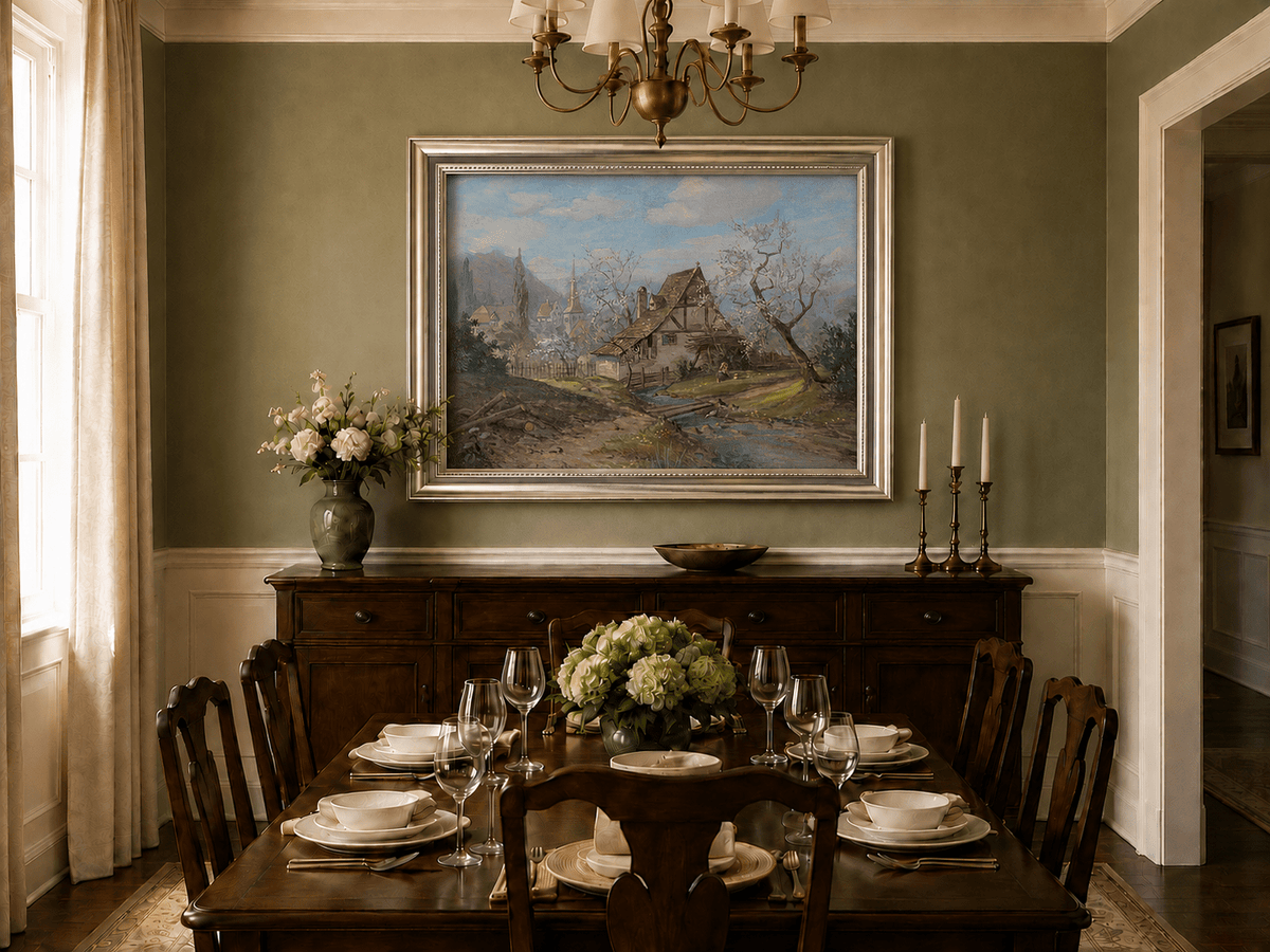 Framed hand-painted spring cottage oil painting beside a stream and blossoming trees displayed above a formal dining table.