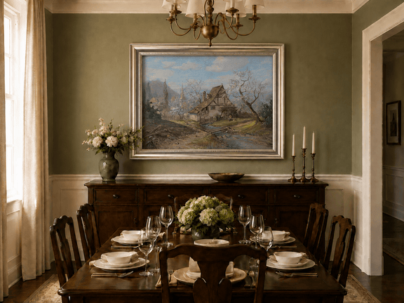 Framed hand-painted spring cottage oil painting beside a stream and blossoming trees displayed above a formal dining table.