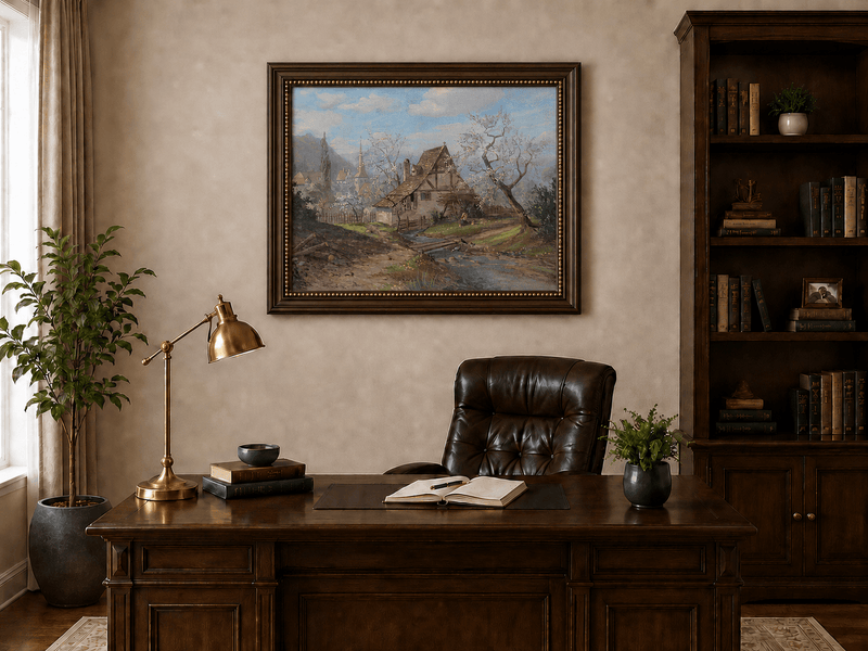 Framed hand-painted spring cottage oil painting beside a stream and blossoming trees displayed above a traditional home office desk.