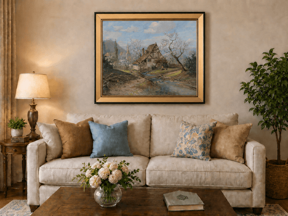 Framed hand-painted spring cottage oil painting beside a stream and blossoming trees displayed above a neutral living room sofa.