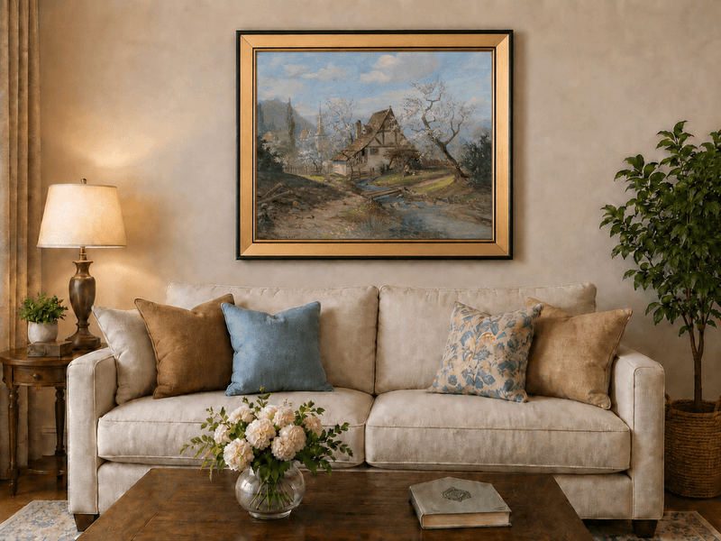 Framed hand-painted spring cottage oil painting beside a stream and blossoming trees displayed above a neutral living room sofa.
