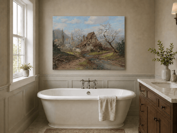 Unframed hand-painted spring cottage oil painting beside a stream and blossoming trees displayed above a freestanding bathtub.