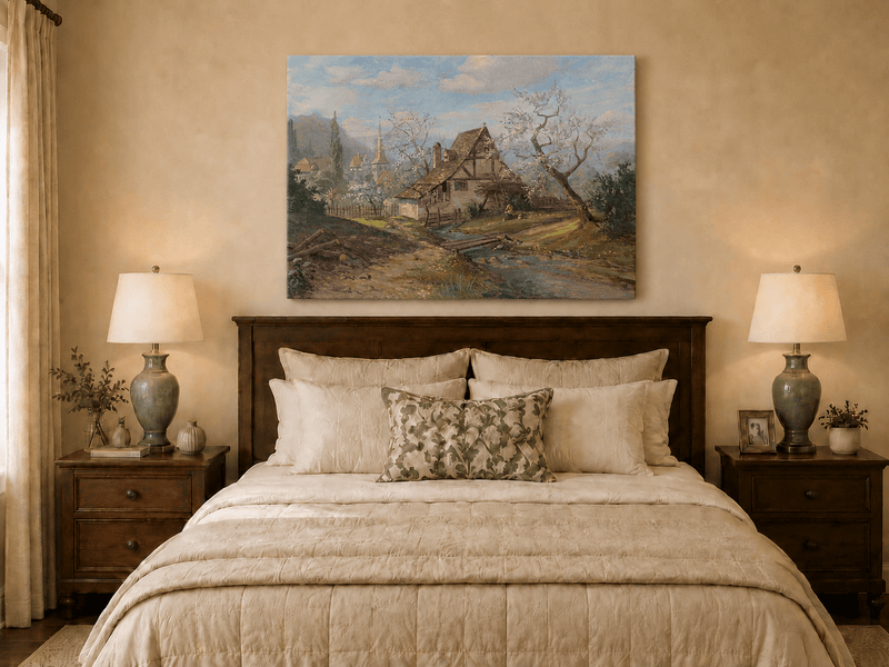 Unframed hand-painted spring cottage oil painting beside a stream and blossoming trees displayed above a wooden bed in a neutral bedroom.