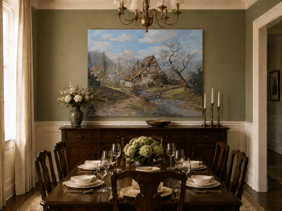 Unframed hand-painted spring cottage oil painting beside a stream and blossoming trees displayed above a formal dining table.