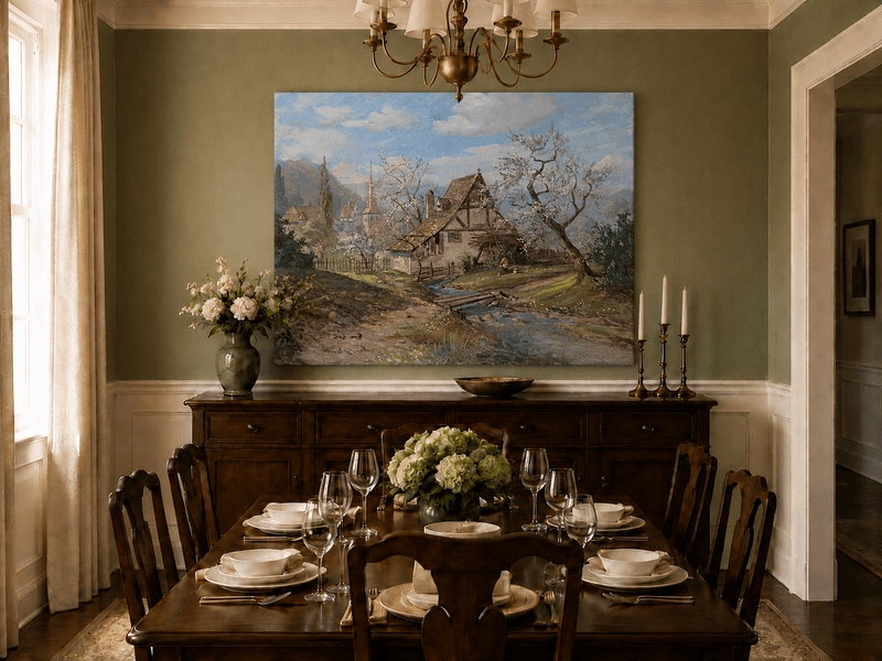 Unframed hand-painted spring cottage oil painting beside a stream and blossoming trees displayed above a formal dining table.