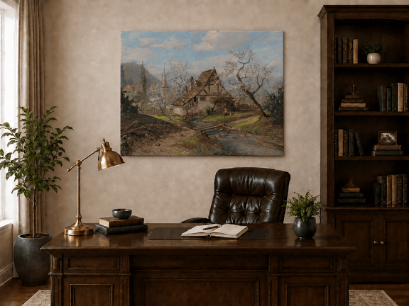 Unframed hand-painted spring cottage oil painting beside a stream and blossoming trees displayed above a traditional home office desk.