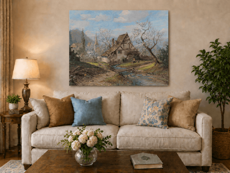 Unframed hand-painted spring cottage oil painting beside a stream and blossoming trees displayed above a neutral living room sofa.