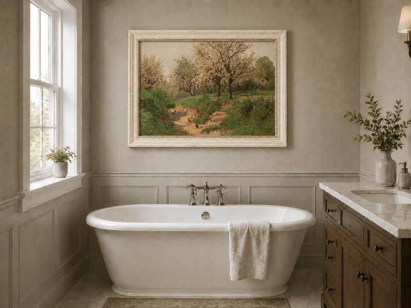 Framed hand-painted spring farm oil painting with blossoms, a path and poultry displayed above a freestanding bathtub.