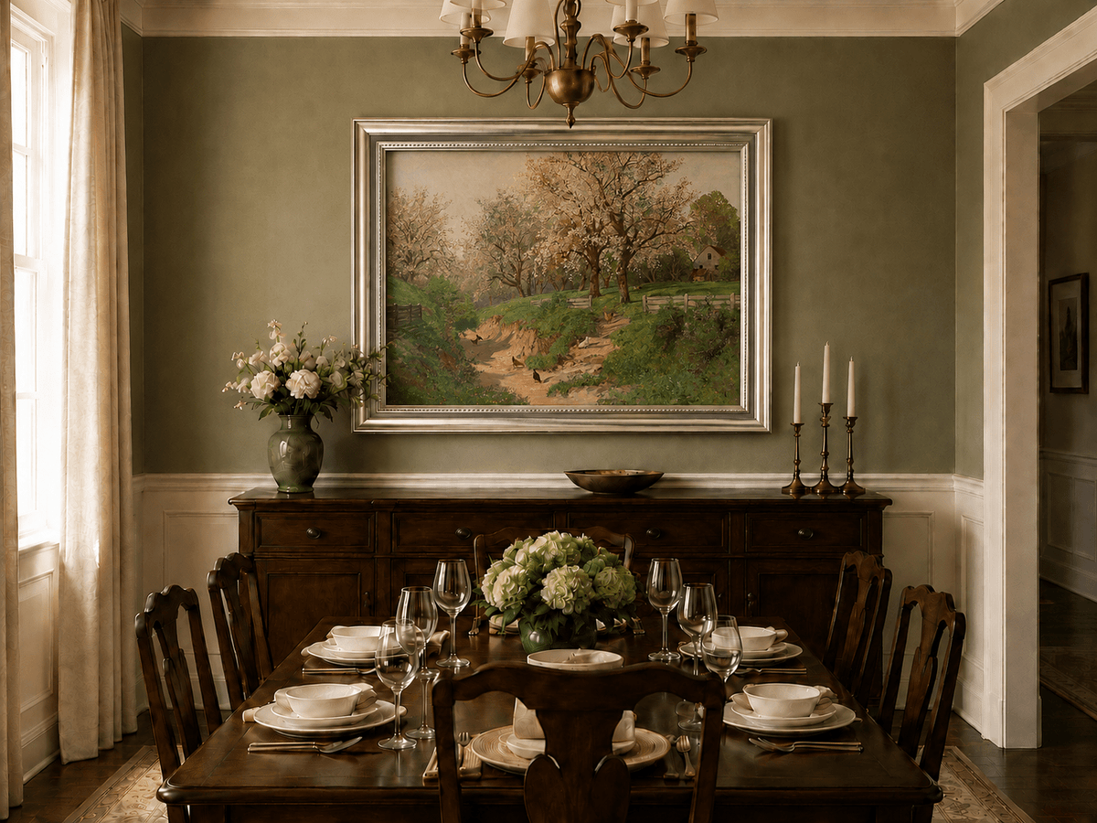 Framed hand-painted spring farm oil painting with blossoms, a path and poultry displayed above a formal dining table.