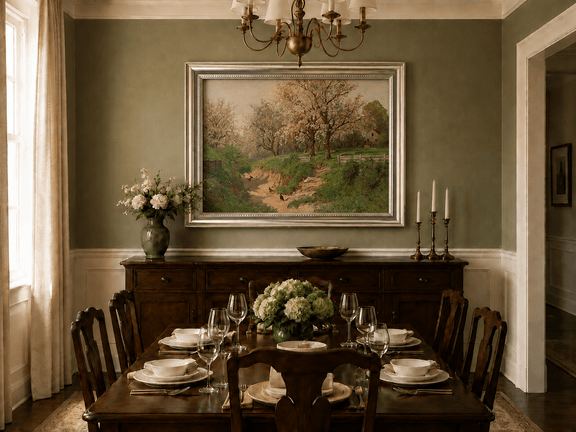 Framed hand-painted spring farm oil painting with blossoms, a path and poultry displayed above a formal dining table.