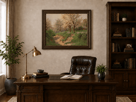 Framed hand-painted spring farm oil painting with blossoms, a path and poultry displayed above a traditional home office desk.
